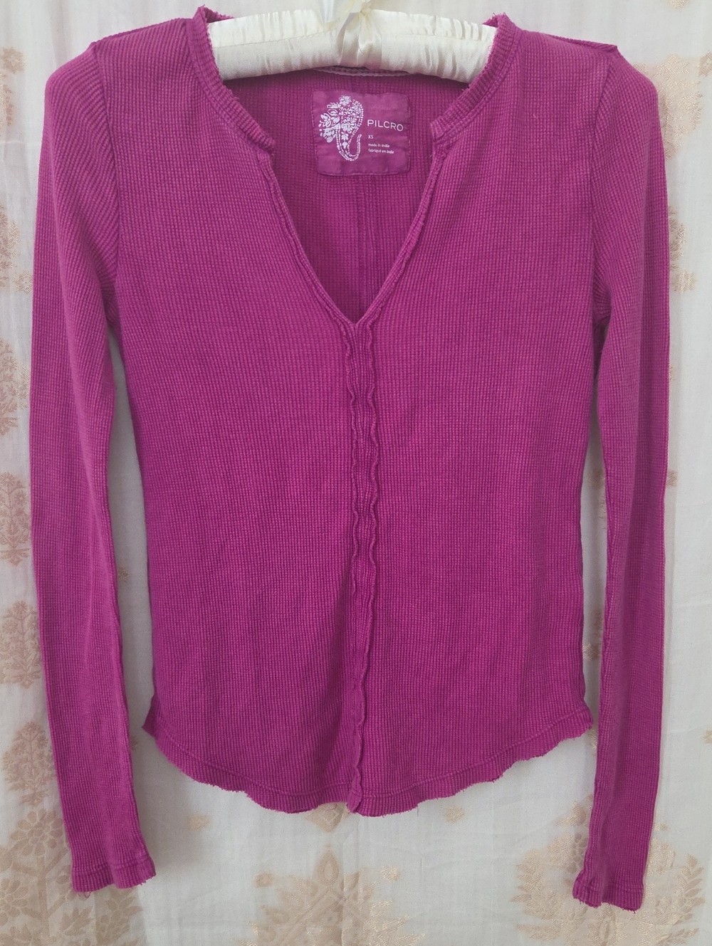 Anthropologie Pilcro Magenta Ribbed V-Neck Long Sleeve Top